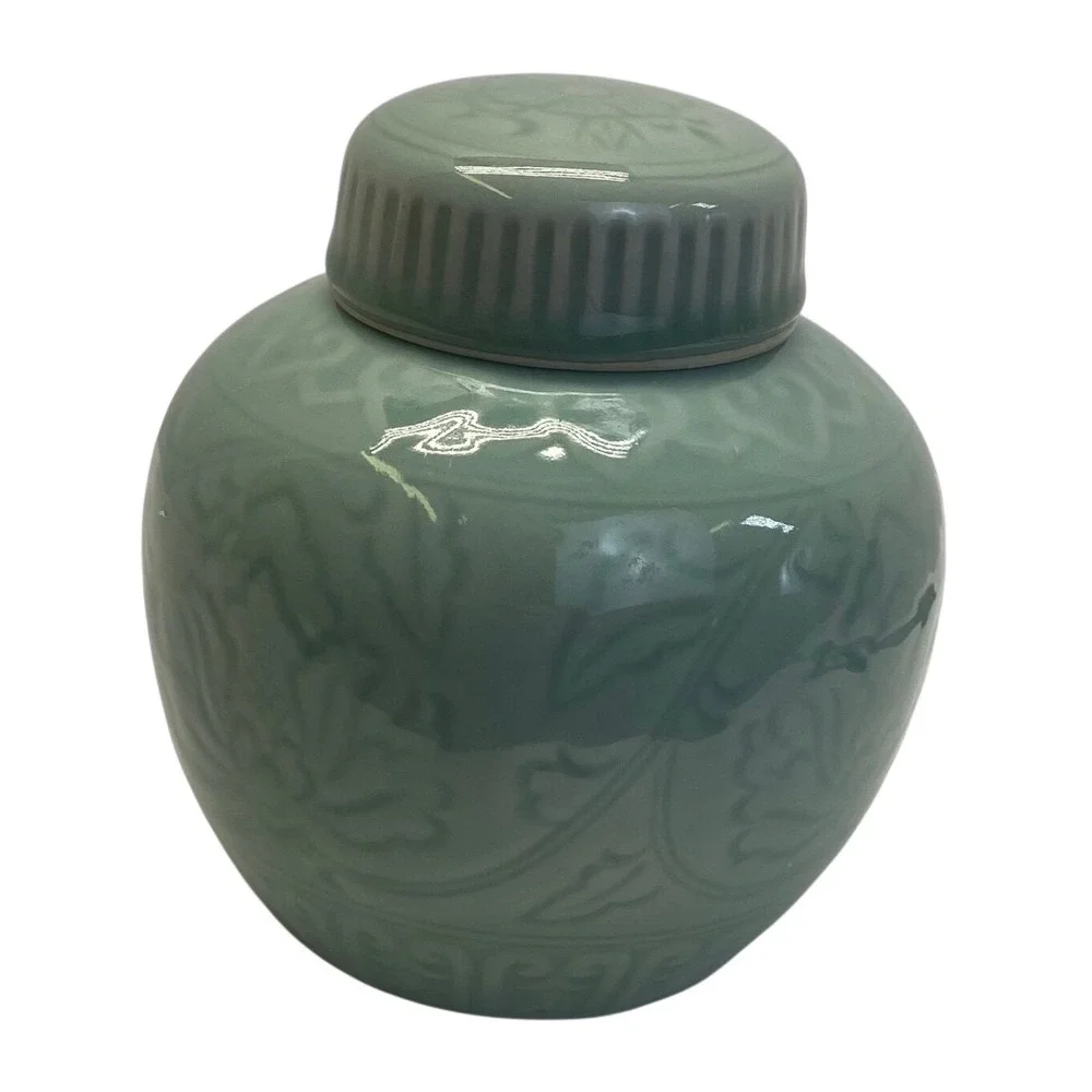 Antique Celadon Green Floral Ginger Jar Ceramic Asian Style Lidded Vase 5.5in